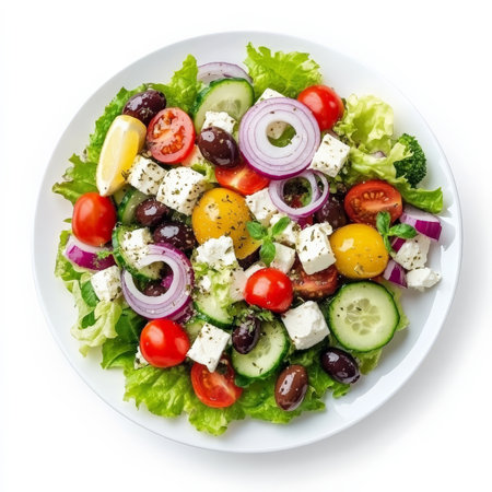 A colorful Greek salad with crisp lettuce, cucumbers, cherry tomatoes, Kalamata olives, red onions, feta cheese, and a lemon-oregano dressing. A Mediterranean delight. Isolated on clean white backgroundの素材