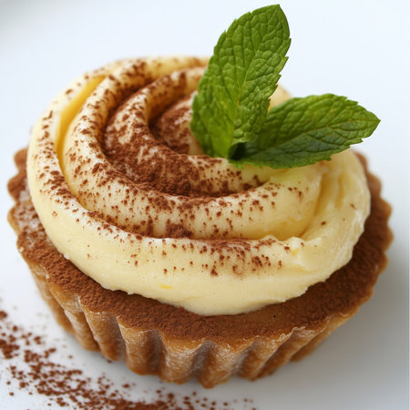A close-up of a decadent crema pasticcera dessert, a rich and creamy Italian pastry cream, made with milk, eggs, sugar, flour, and infused with lemon zest, vanilla, or other flavorings, used as a filling for pastries and cakes, or served on its own as a dessert, showing its smooth and velvety texture, presented in a pastry bag with a swirl, ready to be piped, and garnished with a dusting of cocoa powder and fresh mint leaves, isolated on clean white background.の素材