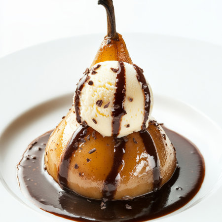 A close-up of a poire Belle HÃÂ©lÃÂ¨ne, poached pears with vanilla ice cream and chocolate sauce, a classic French dessert, showing the elegant presentation and the contrasting temperatures and flavors, isolated on clean white background.の素材