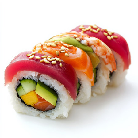 A colorful rainbow sushi roll, filled with fresh crab, avocado, and cucumber, topped with thin slices of tuna, salmon, and shrimp. The roll is garnished with sesame seeds. Isolated on clean white backgroundの素材