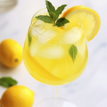A close-up of a refreshing limoncello spritz cocktail, a modern Italian twist on the classic spritz, made with limoncello (a lemon liqueur), Prosecco, and a splash of soda water, served in a large wine glass with ice, a lemon slice, and a sprig of mint, perfect for a summer evening, highlighting the bright yellow color and the zesty lemon flavor, isolated on clean white background.の素材