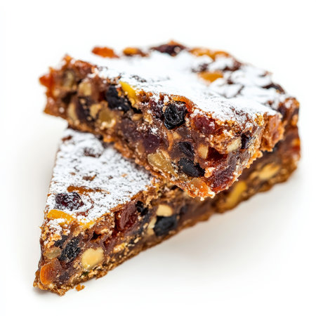 A close-up of a sweet and savory panforte dessert, a dense and chewy Italian fruitcake, made with honey, nuts, and candied fruit, dusted with powdered sugar and served sliced, a classic Siennese delicacy, isolated on clean white background.の素材