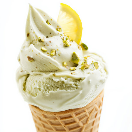 A close-up of a refreshing Italian gelato, a thick and creamy ice cream, available in a variety of flavors, such as pistachio, stracciatella, and lemon, served in a cone or cup and garnished with fresh fruit, isolated on clean white background.の素材