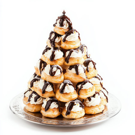 A close-up of a profiterole tower, a towering stack of small cream puffs, filled with vanilla pastry cream and drizzled with chocolate sauce, a festive and impressive French dessert, perfect for celebrations, showcasing the delicate pastry and the decadent chocolate, presented on a silver platter, and ready to be served, isolated on a clean white background.の素材