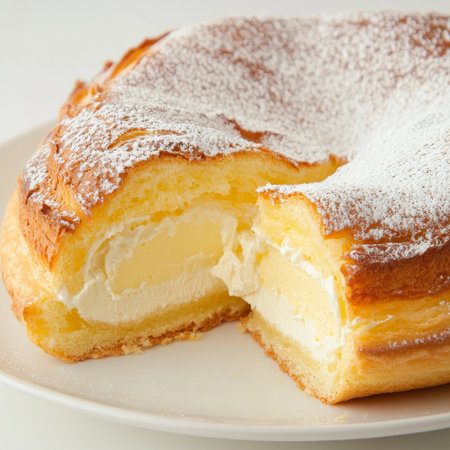 A close-up of a tarte TropÃÂ©zienne, a traditional French pastry from Saint-Tropez, with a soft and sweet brioche bun, filled with a creamy vanilla or orange-flavored pastry cream, and dusted with powdered sugar, showing the simplicity and the deliciousness of this regional specialty, presented sliced on a dessert plate, and ready to be shared, isolated on a clean white background.の素材