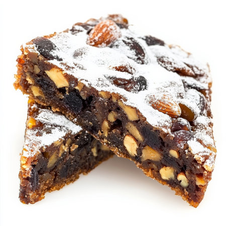 A close-up of a sweet and savory panforte dessert, a dense and chewy Italian fruitcake, made with honey, nuts, and candied fruit, dusted with powdered sugar and served sliced, a classic Siennese delicacy, isolated on clean white background.の素材
