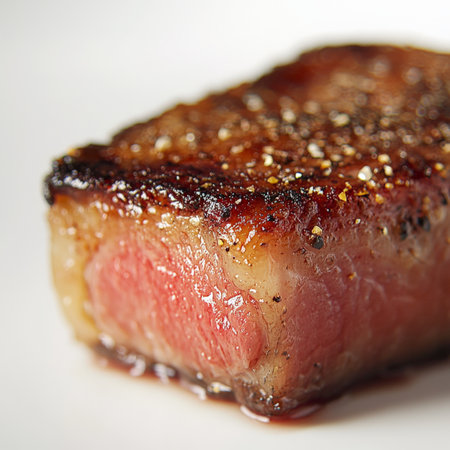 A close-up on the perfectly executed sear of a protein, its caramelized crust contrasting with a raw interior, showing the precision and control of temperature and cooking time in fine dining, isolated on clean white background.の素材