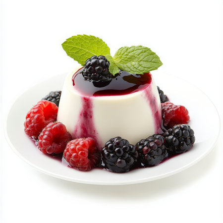 A close-up of a slice of creamy panna cotta, a smooth and delicate Italian dessert, flavored with vanilla and topped with a berry coulis, served in a small glass and garnished with fresh berries and a mint leaf, isolated on clean white background.の素材