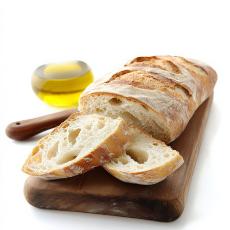 A close-up of a traditional ciabatta bread, with a crusty exterior and a soft and airy interior, perfect for sandwiches or dipping in olive oil, served sliced and arranged on a wooden board, isolated on clean white background.の素材