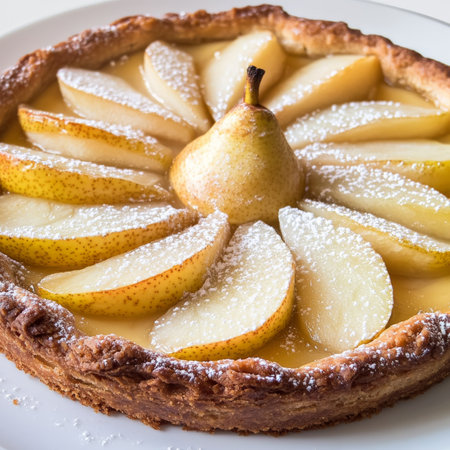 A close-up of a tarte Bourdaloue, a classic French pear tart, with a flaky pastry crust, filled with frangipane (almond cream) and topped with perfectly arranged pear slices, baked until golden brown and dusted with powdered sugar, showing the elegance of French pastry and the delicate flavor of the pears, presented on a white plate, and ready to be served as a dessert, isolated on a clean white background.の素材