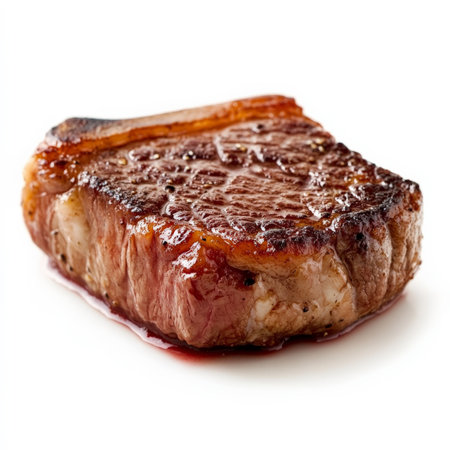 A close-up on a perfectly caramelized crust on a protein, like a seared steak or a roasted piece of meat, showing the Maillard reaction and the importance of temperature and timing, highlighting the chef's expertise in achieving optimal flavor and texture, and emphasizing the beauty of the culinary process, isolated on clean white background.の素材
