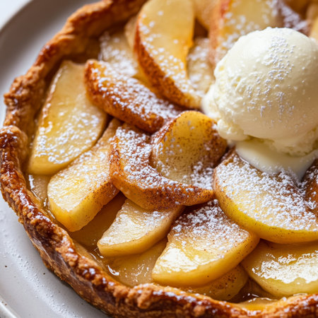 A close-up of a warm and flaky apple tart, a classic French dessert, made with a buttery shortcrust pastry, filled with thinly sliced apples, caramelized with butter, sugar, and a touch of cinnamon, and baked until golden brown and tender, served warm with a scoop of vanilla ice cream, or a dollop of crÃÂ¨me fraÃÂ®che, dusted with powdered sugar, and showing the rustic charm and home-style simplicity of this comforting sweet treat, presented artistically on a ceramic plate, and ready to be savored as a delightful end to a meal, isolated on a clean white background.の素材
