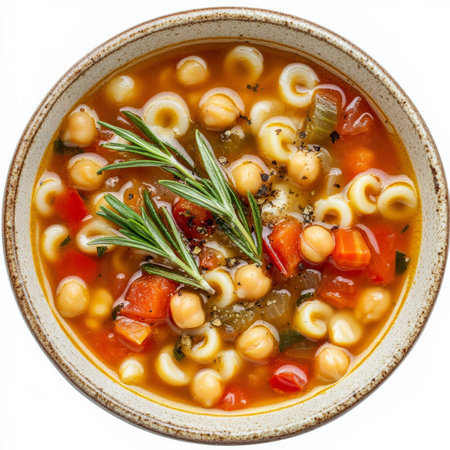 A close-up of a warm and comforting pasta e ceci soup, a hearty Italian pasta and chickpea soup, with ditalini pasta, chickpeas, tomatoes, and vegetables, simmered in a flavorful broth and garnished with fresh rosemary and a drizzle of olive oil, served in a rustic bowl, isolated on clean white background.の素材