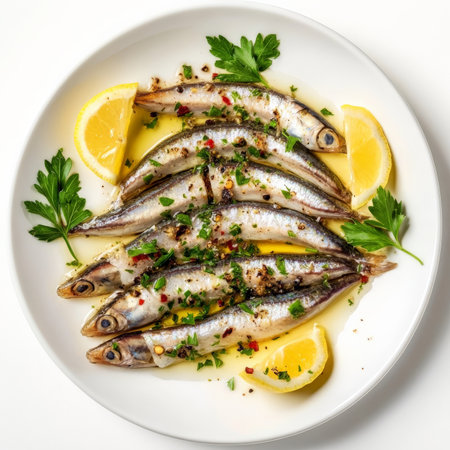 A plate of alici marinate, featuring fresh anchovies marinated in a mixture of lemon juice, white wine vinegar, olive oil, garlic, parsley, and red pepper flakes, served chilled as an appetizer or antipasto, showingcasing their delicate flavor and tender texture, arranged attractively on a white platter, and garnished with fresh parsley sprigs and lemon wedges, isolated on clean white background.の素材