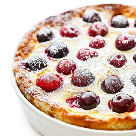 A close-up of a clafoutis aux cerises, a baked French dessert with cherries, with a creamy custard batter and fresh cherries, baked until golden brown and puffed, dusted with powdered sugar and served warm, showing the rustic charm and the sweet and tart flavors, isolated on a clean white background.の素材