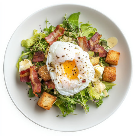 A plate of salade Lyonnaise, a warm salad with frisÃÂ©e lettuce, crispy bacon, croutons, and a poached egg, dressed with a tangy vinaigrette, a hearty and flavorful salad, showing the contrast of the textures and the rich flavors, isolated on a clean white background.の素材