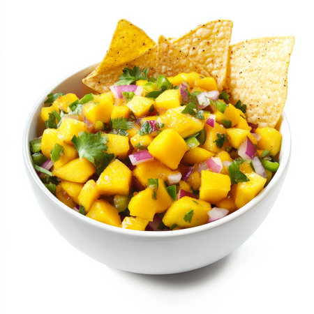 A bowl of sweet and spicy mango salsa, made with ripe mangoes, red onions, jalapeÃÂ±os, cilantro, and lime juice, served with tortilla chips. A fresh and flavorful appetizer. Isolated on clean white backgroundの素材