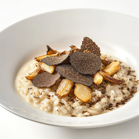 A vegetarian dish centered around a truffle flavor profile: perhaps a truffle risotto or a truffle cream sauce, served with roasted root vegetables and a sprinkle of truffle shavings, emphasizing the earthy and luxurious flavor of truffles, isolated on clean white background.の素材