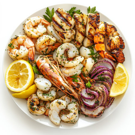A vibrant platter of mixed grilled seafood, featuring shrimp, calamari, scallops, and fish, marinated in olive oil, lemon juice, and herbs, grilled until tender and slightly charred, served with a side of lemon wedges and a light vinaigrette, isolated on clean white background.の素材