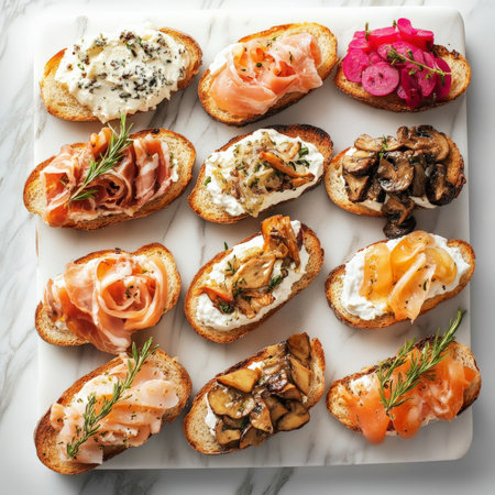 A vibrant platter of assorted crostini with elegant toppings, featuring grilled bread topped with smoked salmon and cream cheese, roasted beet and goat cheese, prosciutto and fig jam, and mushroom and truffle pate, arranged artistically on a marble board, perfect for a sophisticated cocktail party, showing the creativity of Italian cuisine, isolated on clean white background.の素材