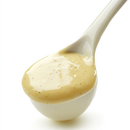 A close-up of a delicate and complex sauce, perhaps a demi-glace or bÃÂ©arnaise, served with a spoon or a small brush to emphasize its texture and sheen, the artistry of sauce making, a fundamental element of haute cuisine, isolated on clean white background.の素材