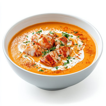 A bowl of rich and creamy lobster bisque with chunks of fresh lobster meat, garnished with a swirl of heavy cream and a sprinkle of paprika. A luxurious seafood soup. Isolated on clean white backgroundの素材