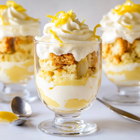 A close-up of a sweet and refreshing parfait au citron dessert, a French lemon parfait, made with layers of a creamy lemon custard, sponge cake soaked in limoncello liqueur, and whipped cream, chilled until firm and served in individual glasses, or tall parfait dishes, garnished with lemon zest curls, and a sprinkle of crumbled almond biscotti, showing the elegant presentation, and the bright citrusy flavor and the contrasting textures, ending perfect for a light and refreshing to a meal, and ready to be enjoyed with a spoon, isolated on a clean white background.の素材