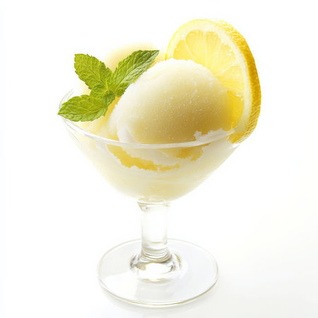 A close-up of a refreshing lemon sorbet, a light and tangy Italian dessert, made with lemon juice, sugar, and water, served in a glass and garnished with a lemon slice and a mint leaf, perfect for cleansing the palate, isolated on clean white background.の素材