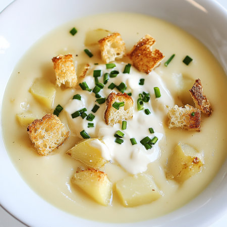 A close-up of a creamy potage Parmentier, a classic French potato and leek soup, made with potatoes, leeks, milk, and cream, blended until smooth and velvety, served warm in a white bowl, and garnished with crispy croutons, fresh chives, and a swirl of crÃÂ¨me fraÃÂ®che, showing the simplicity and comfort of French home cooking, and the delicate balance of flavors and textures, ready to be enjoyed as a light lunch or a side dish, isolated on a clean white background.の素材