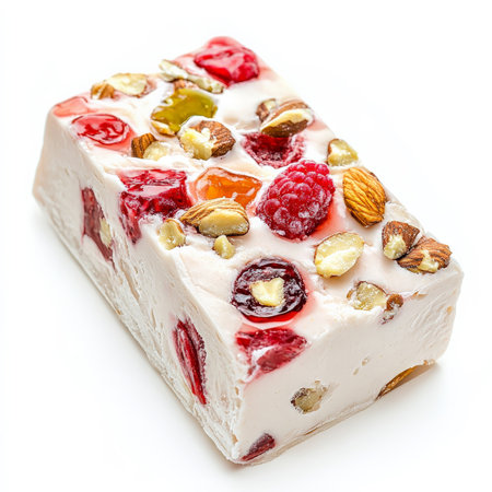 A close-up of a nougat glacÃÂ©, a frozen nougat dessert, with nougat, candied fruit, and nuts, served sliced with raspberry sauce, showing the creamy texture and the sweet and nutty flavors, isolated on clean white background.の素材