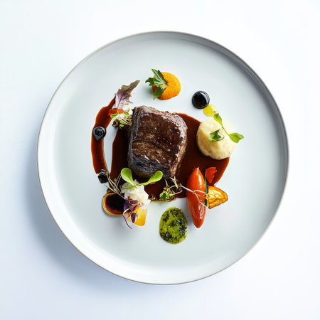 A creative and contemporary interpretation of a classic dish, like a beef bourguignon or a Caesar salad: deconstructed, transformed, or reinterpreted with modern techniques and artistic presentation, demonstrating the chef's originality and innovative thinking, while paying homage to culinary heritage, and offering a familiar yet surprising experience, presented artistically on a plate, and ready to challenge expectations, isolated on a clean white background.の素材