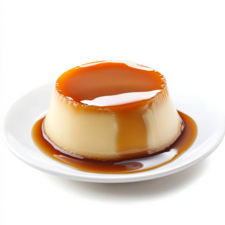 A decadent crÃÂ¨me caramel dessert with a silky-smooth custard base and a glossy, amber-colored caramel sauce cascading down the sides. A sophisticated French treat. Isolated on clean white backgroundの素材