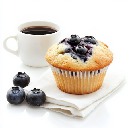 A freshly baked blueberry muffin with a golden brown top, bursting with juicy blueberries, placed on a napkin with a cup of coffee beside it. Isolated on clean white backgroundの素材