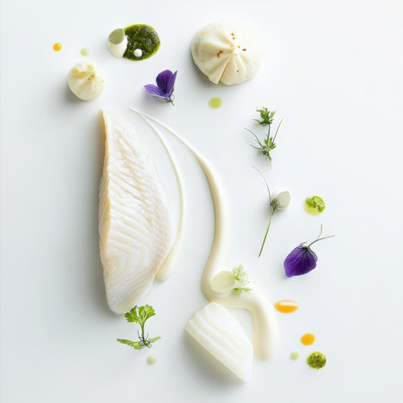 A monochromatic presentation in white: white fish, white sauce, white vegetables, arranged to create subtle variations in texture and shade, showing the elegance and purity of a unified color palette, isolated on clean white background.の素材