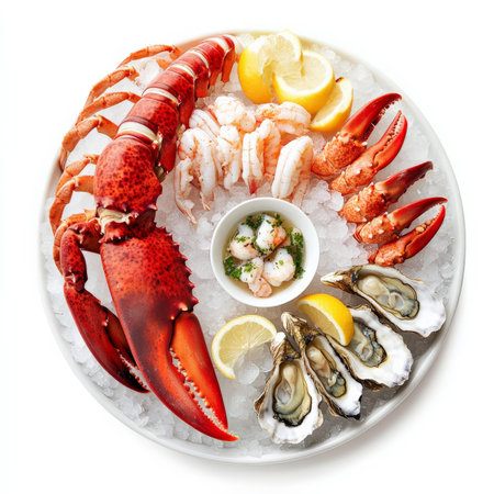 A gourmet seafood platter with lobster tail, king crab legs, shrimp cocktail, and oysters, elegantly arranged on ice with lemon wedges. Isolated on clean white backgroundの素材