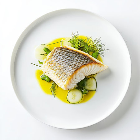 A minimalist white plate showing a perfectly seared piece of line-caught sea bass, its crispy skin glistening, served on a bed of delicate sea bean salad, with a drizzle of lemon-infused olive oil, and a sprig of fresh dill, emphasizing the purity of the fish and the simplicity of its preparation, isolated on a clean white background.の素材
