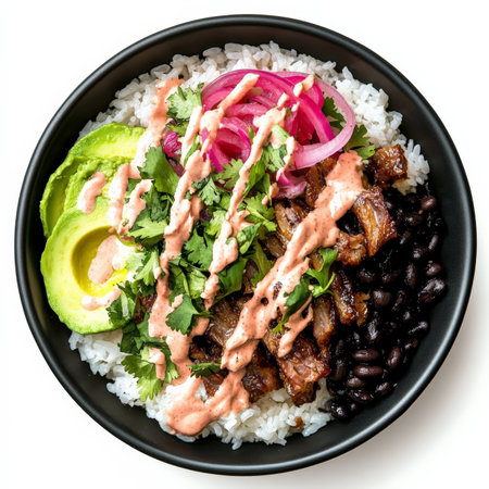 A Japanese rice bowl, donburi, reimagined with Mexican ingredients and spices: fluffy rice topped with slow-cooked carnitas, pickled onions, avocado, black beans, a drizzle of chipotle crema, and fresh cilantro, a flavorful and creative reinterpretation, isolated on a clean white background.の素材