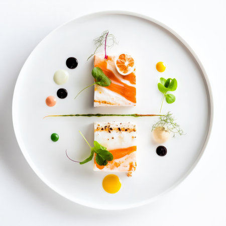 A meticulously plated dish with geometric precision, ingredients arranged in lines, circles, and squares, reflecting a modern and minimalist aesthetic, highlighting order and control in a fine dining setting, isolated on clean white background.の素材