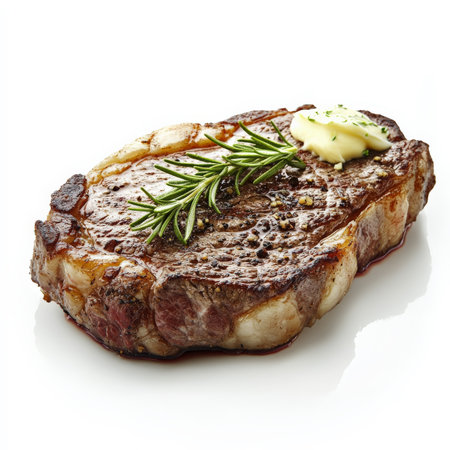 A perfectly seared ribeye steak with a caramelized crust and a juicy, medium-rare center. The steak is garnished with fresh rosemary and served with a side of garlic butter, making for an indulgent, restaurant-quality meal. Isolated on clean white backgroundの素材