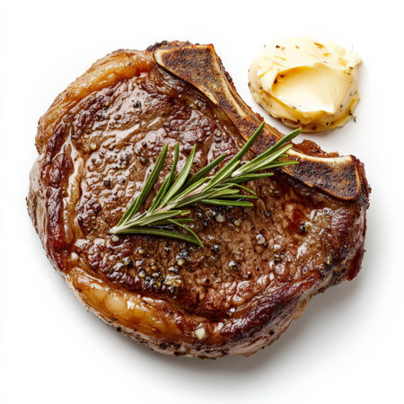 A perfectly seared ribeye steak with a caramelized crust and a juicy, medium-rare center. The steak is garnished with fresh rosemary and served with a side of garlic butter, making for an indulgent, restaurant-quality meal. Isolated on clean white backgroundの素材