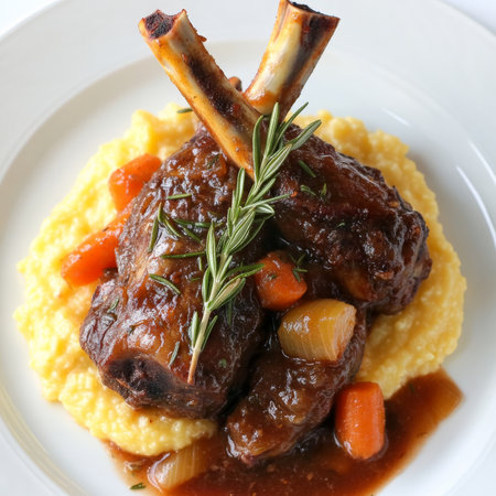 A plate of braised lamb shanks al forno con polenta e rosmarino, featuring tender lamb shanks braised in a rich red wine sauce, infused with rosemary, garlic, onions, carrots, celery, and tomatoes, roasted in the oven until meltingly tender, served over a bed of creamy polenta and garnished with fresh rosemary sprigs, arranged elegantly on a white plate, showing the slow-cooked lamb and the creamy polenta, isolated on clean white background.の素材