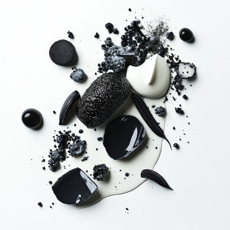 A monochromatic composition, ingredients all in shades of a single color, such as black or white, creating a dramatic and minimalist effect, a bold artistic statement in food presentation, isolated on clean white background.の素材