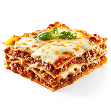 A layered dish of lasagna al forno, with sheets of pasta, rich meat sauce, creamy bÃÂ©chamel, and melted mozzarella cheese, baked until golden brown and bubbly, cut into a square slice to reveal the layers, garnished with fresh basil leaves, isolated on clean white background.の素材