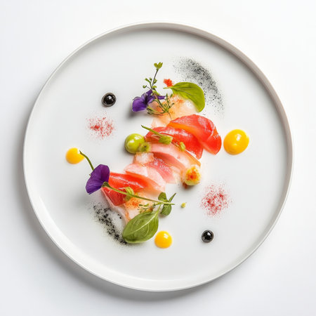 A plate designed to create negative space, with ingredients placed sparingly to highlight their beauty and importance, showcasing the minimalist aesthetic in food presentation, and drawing the eye to specific elements, isolated on clean white background.の素材