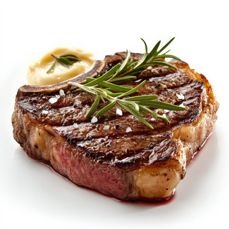 A perfectly seared ribeye steak with a caramelized crust and a juicy, medium-rare center. The steak is garnished with fresh rosemary and served with a side of garlic butter, making for an indulgent, restaurant-quality meal. Isolated on clean white backgroundの素材