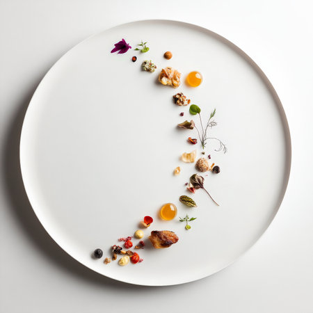 A plate designed to create negative space, with ingredients placed sparingly to highlight their beauty and importance, showcasing the minimalist aesthetic in food presentation, and drawing the eye to specific elements, isolated on clean white background.の素材