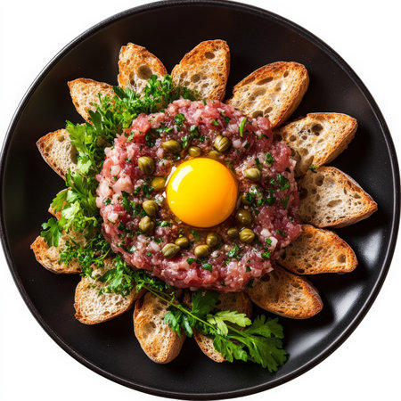 A plate of beef tartare Ã la franÃÂ§aise, featuring high-quality, finely chopped raw beef, seasoned with Dijon mustard, shallots, capers, gherkins, parsley, and other aromatic herbs, and served with a raw egg yolk in the center, and toasted baguette slices, or crostini, showing the freshness of the ingredients, and the bold and complex flavors, prepared with precision and elegance, arranged artistically on a black plate, and ready to be enjoyed as a classic French appetizer or main course, by those who appreciate the raw preparation, isolated on a clean white background.の素材