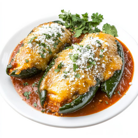 A plate of authentic Mexican chiles rellenos, featuring large poblano peppers stuffed with gooey melted cheese, dipped in a fluffy egg batter, and fried to golden perfection. Served with a rich tomato sauce and garnished with fresh cilantro and crumbled queso fresco. Isolated on clean white backgroundの素材