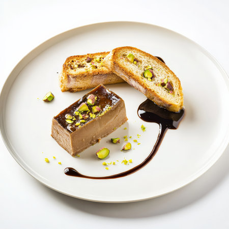 A plate featuring a delicate foie gras terrine, its smooth texture contrasting with a spicy fig jam and crispy brioche toast, presented with a drizzle of balsamic glaze and a scatter of toasted pistachios, highlighting the richness and complexity of flavors in a refined appetizer, isolated on a clean white background.の素材