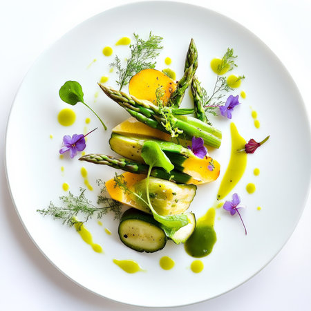 A plate celebrating the beauty and flavor of a seasonal vegetable, like asparagus, artichokes, or squash: perhaps showing the vegetable in various cooking techniques, or pairing it with complementary herbs and spices, to create a dish that is both elegant and simple, and highlighting the freshness and vitality of the produce, presented with care and artistry, and ready to be appreciated by those who savor the essence of the season, isolated on a clean white background.の素材